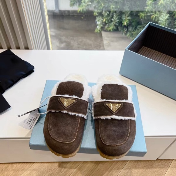 Prada Shoes - Prada Suede Slippers with White Fur